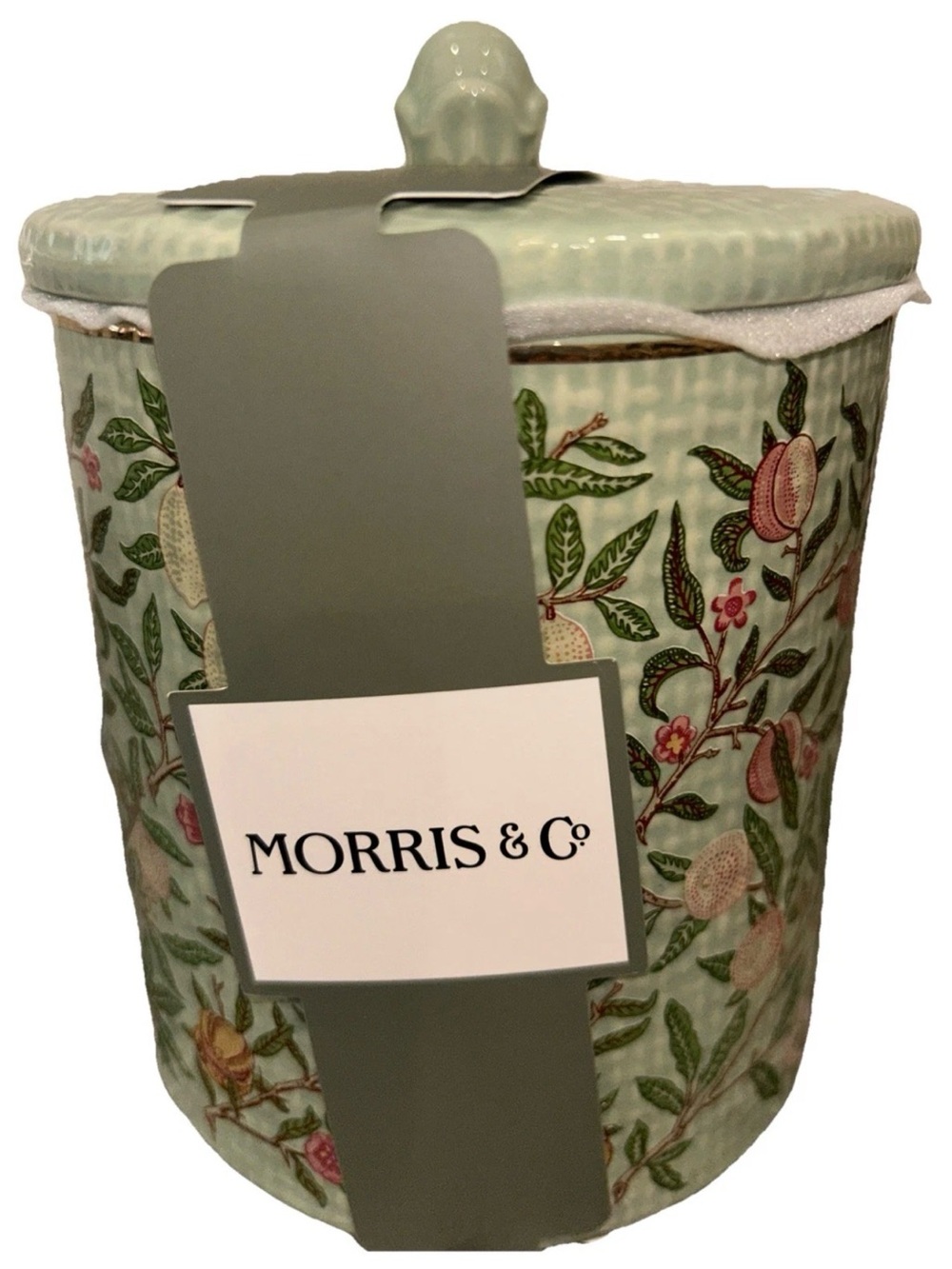 MORRIS & CO. Green Floral Fruit Burlap-Look Ceramic Cotton Jar W/ Lid NEW